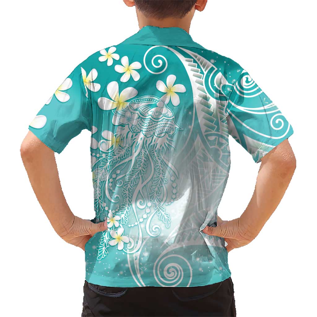 Polynesian Jellyfish Family Matching Long Sleeve Bodycon Dress and Hawaiian Shirt With Plumeria Teal LT05 - Polynesian Pride