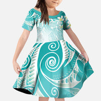 Polynesian Jellyfish Family Matching Long Sleeve Bodycon Dress and Hawaiian Shirt With Plumeria Teal LT05 Daughter's Dress Teal - Polynesian Pride