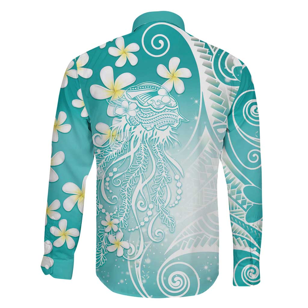 Polynesian Jellyfish Family Matching Long Sleeve Bodycon Dress and Hawaiian Shirt With Plumeria Teal LT05 - Polynesian Pride