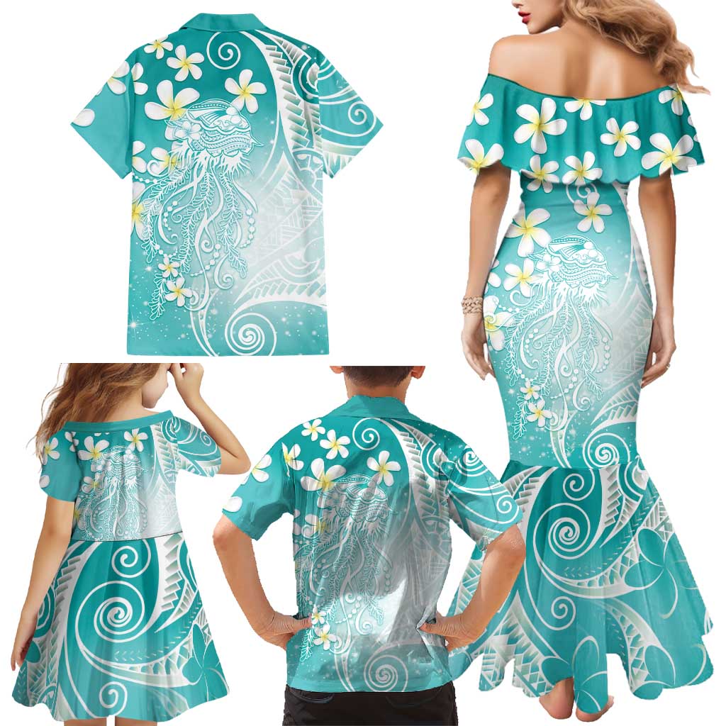 Polynesian Jellyfish Family Matching Mermaid Dress and Hawaiian Shirt With Plumeria Teal LT05 - Polynesian Pride