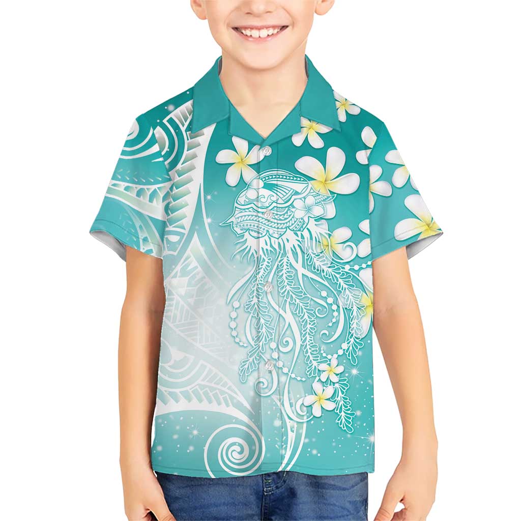 Polynesian Jellyfish Family Matching Mermaid Dress and Hawaiian Shirt With Plumeria Teal LT05 Son's Shirt Teal - Polynesian Pride