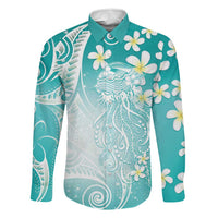 Polynesian Jellyfish Family Matching Off The Shoulder Long Sleeve Dress and Hawaiian Shirt With Plumeria Teal LT05 Dad's Shirt - Long Sleeve Teal - Polynesian Pride
