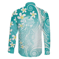 Polynesian Jellyfish Family Matching Off The Shoulder Long Sleeve Dress and Hawaiian Shirt With Plumeria Teal LT05 - Polynesian Pride