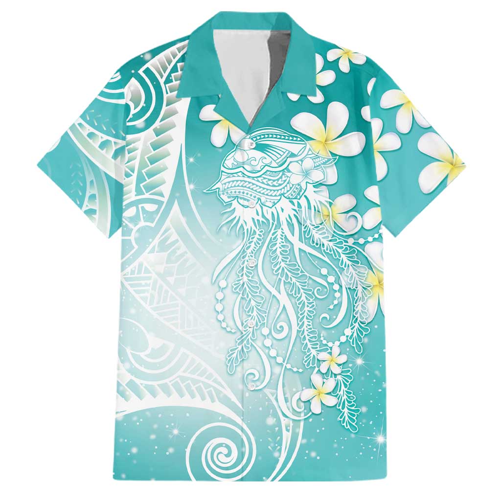 Polynesian Jellyfish Family Matching Off Shoulder Maxi Dress and Hawaiian Shirt With Plumeria Teal LT05 Dad's Shirt - Short Sleeve Teal - Polynesian Pride
