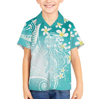 Polynesian Jellyfish Family Matching Off Shoulder Maxi Dress and Hawaiian Shirt With Plumeria Teal LT05 Son's Shirt Teal - Polynesian Pride