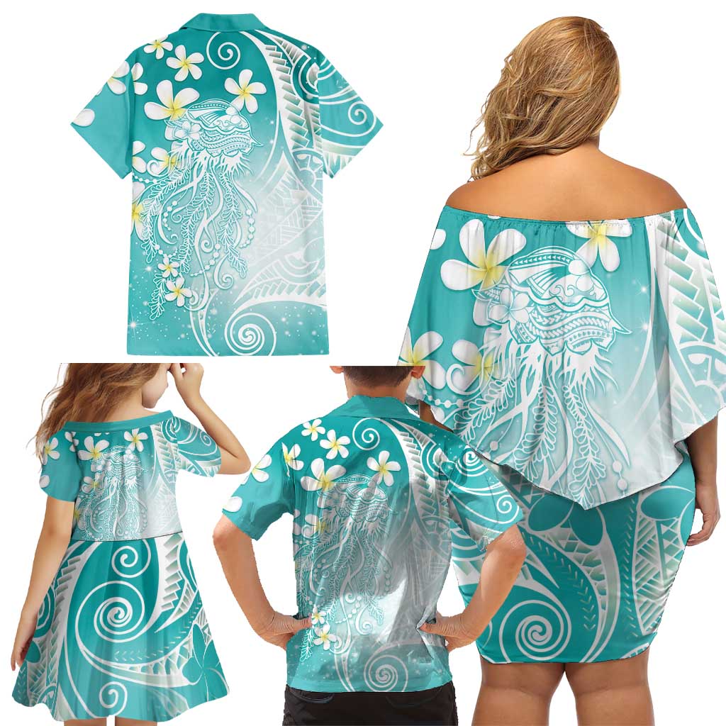 Polynesian Jellyfish Family Matching Off Shoulder Short Dress and Hawaiian Shirt With Plumeria Teal LT05 - Polynesian Pride