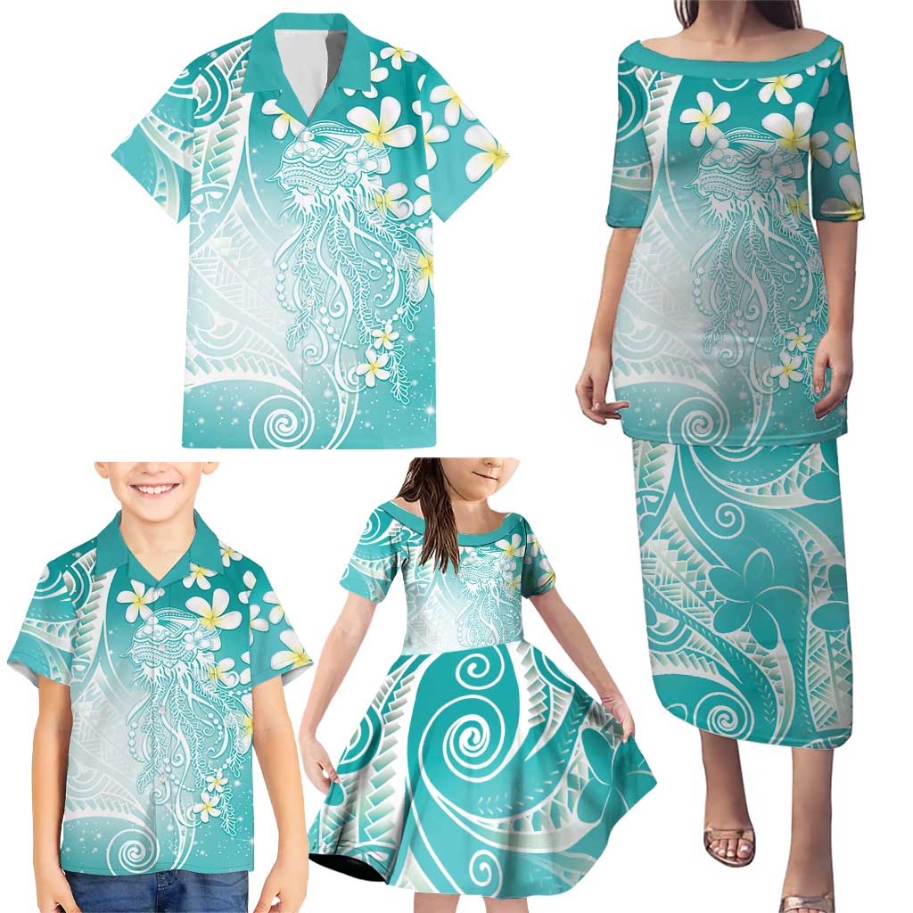 Polynesian Jellyfish Family Matching Puletasi and Hawaiian Shirt With Plumeria Teal LT05 - Polynesian Pride