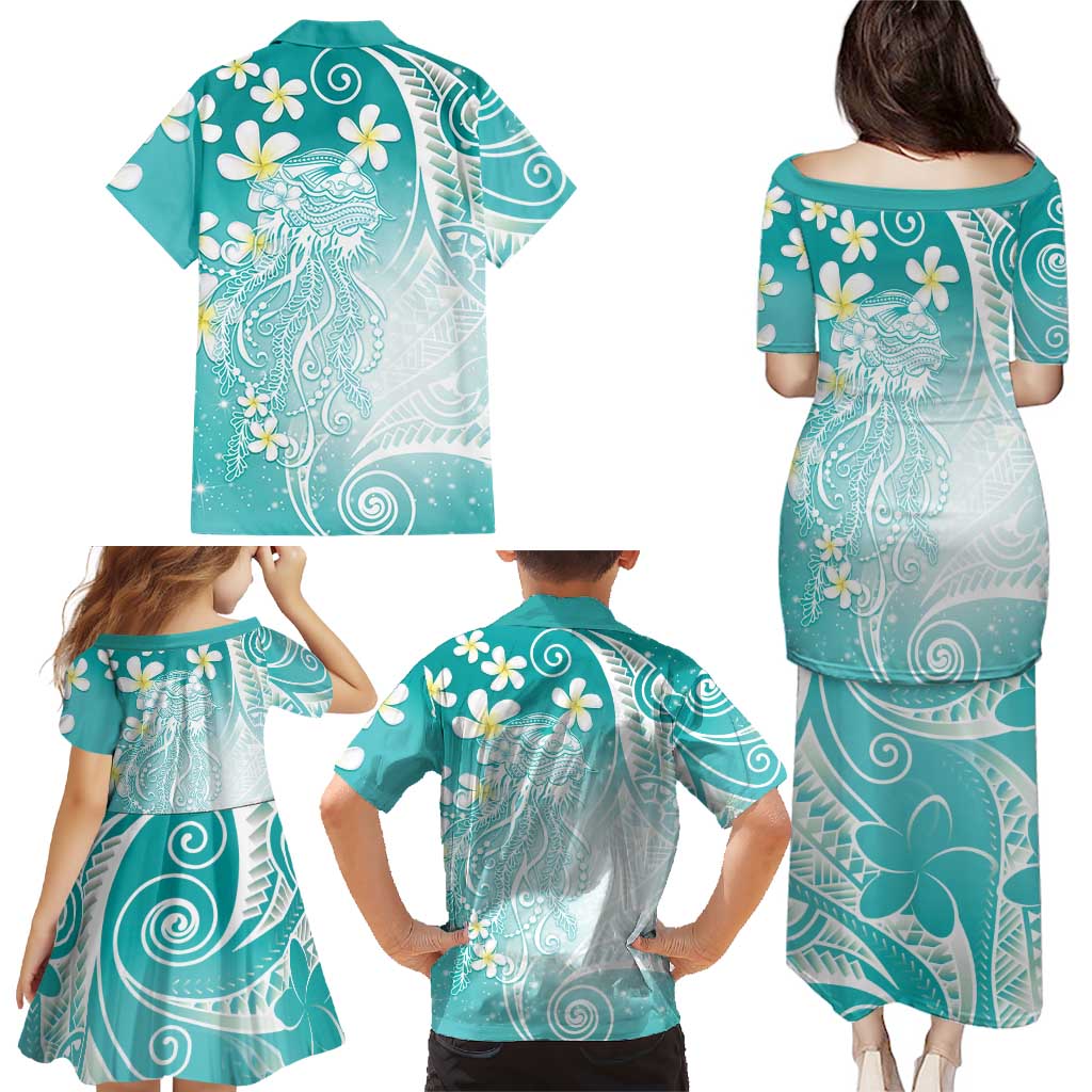 Polynesian Jellyfish Family Matching Puletasi and Hawaiian Shirt With Plumeria Teal