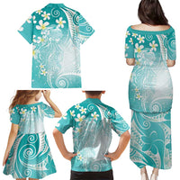 Polynesian Jellyfish Family Matching Puletasi and Hawaiian Shirt With Plumeria Teal