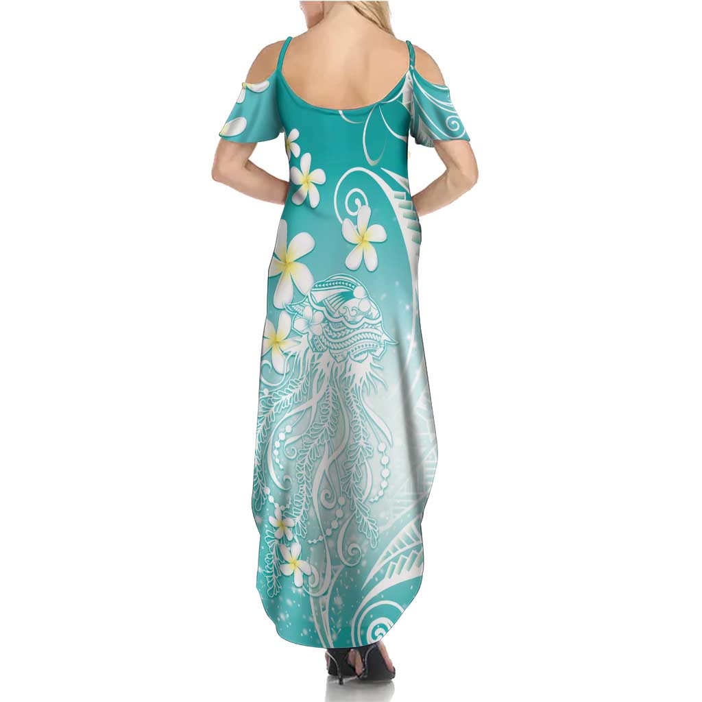 Polynesian Jellyfish Family Matching Summer Maxi Dress and Hawaiian Shirt With Plumeria Teal LT05 - Polynesian Pride