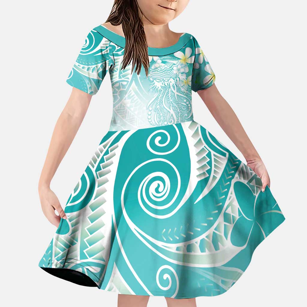 Polynesian Jellyfish Family Matching Tank Maxi Dress and Hawaiian Shirt With Plumeria Teal LT05 Daughter's Dress Teal - Polynesian Pride