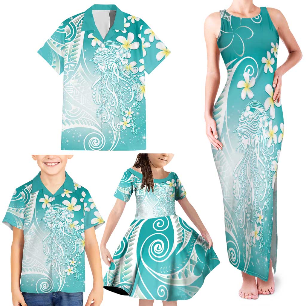 Polynesian Jellyfish Family Matching Tank Maxi Dress and Hawaiian Shirt With Plumeria Teal LT05 - Polynesian Pride