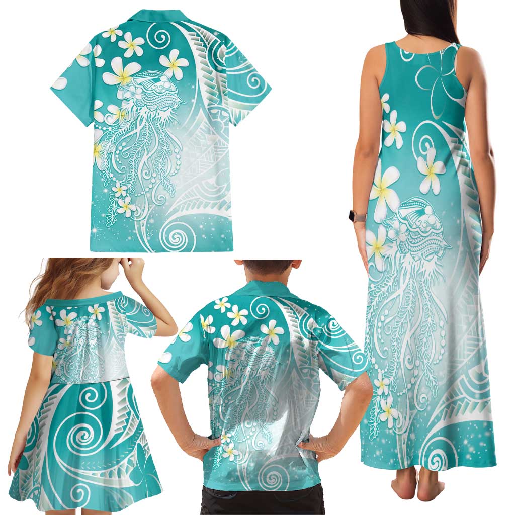 Polynesian Jellyfish Family Matching Tank Maxi Dress and Hawaiian Shirt With Plumeria Teal LT05 - Polynesian Pride