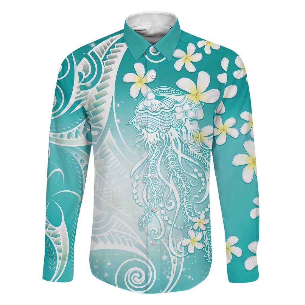 Polynesian Jellyfish Family Matching Tank Maxi Dress and Hawaiian Shirt With Plumeria Teal LT05 Dad's Shirt - Long Sleeve Teal - Polynesian Pride