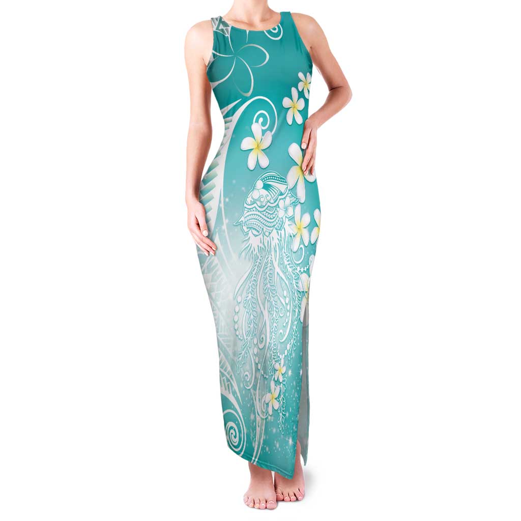 Polynesian Jellyfish Family Matching Tank Maxi Dress and Hawaiian Shirt With Plumeria Teal LT05 Mom's Dress Teal - Polynesian Pride