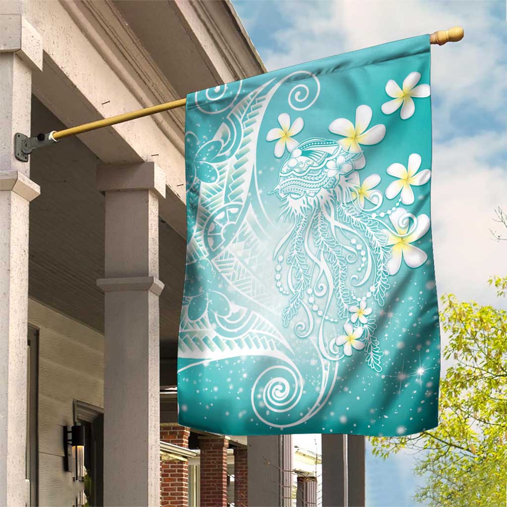 Polynesian Jellyfish Garden Flag With Plumeria Teal LT05 House Flag Teal - Polynesian Pride