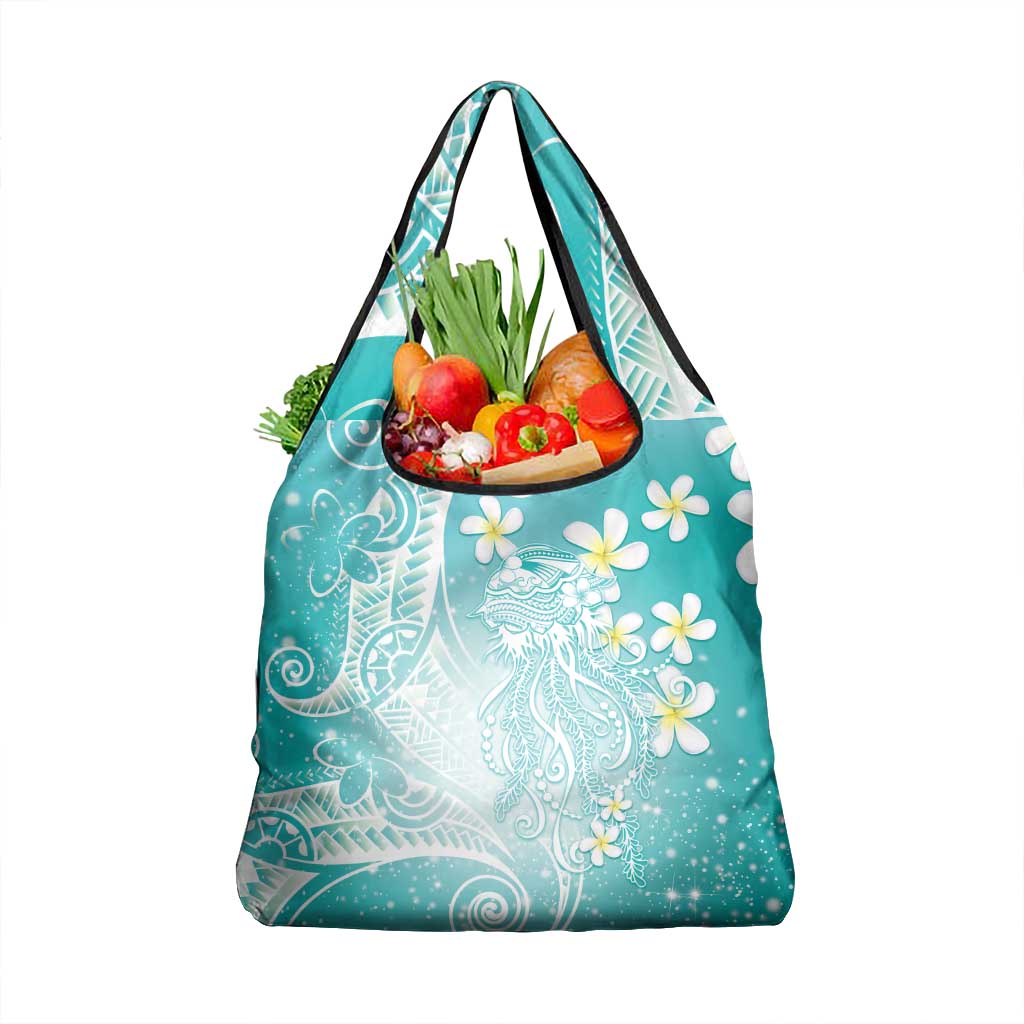 Polynesian Jellyfish Grocery Bag With Plumeria Teal LT05 1-pack One Size Teal - Polynesian Pride