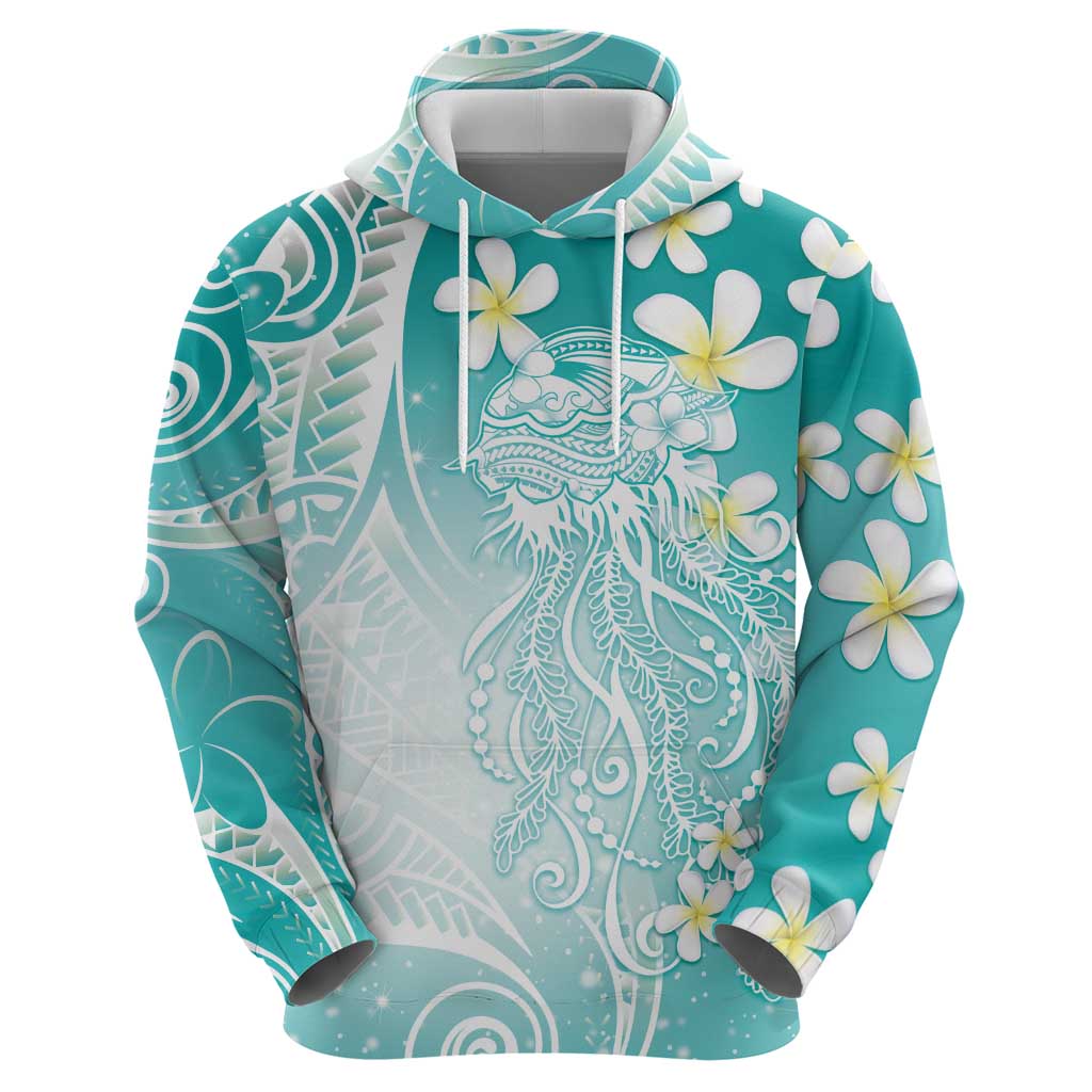 Polynesian Jellyfish Hoodie With Plumeria Teal