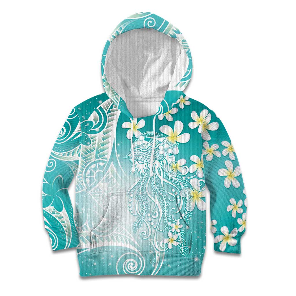 Polynesian Jellyfish Kid Hoodie With Plumeria Teal