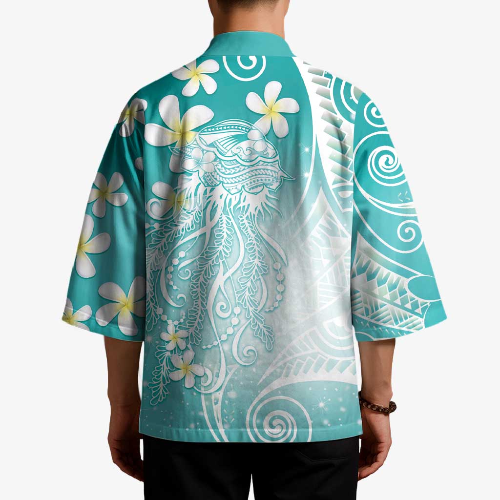 Polynesian Jellyfish Kimono With Plumeria Teal