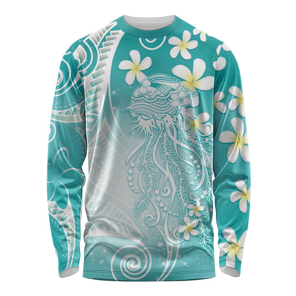 Polynesian Jellyfish Long Sleeve Shirt With Plumeria Teal LT05 Unisex Teal - Polynesian Pride