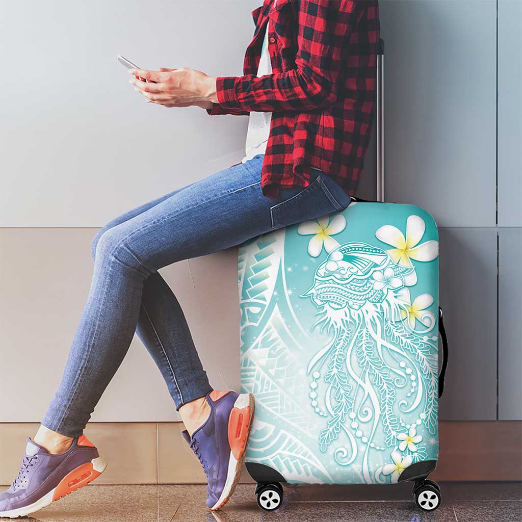 Polynesian Jellyfish Luggage Cover With Plumeria Teal