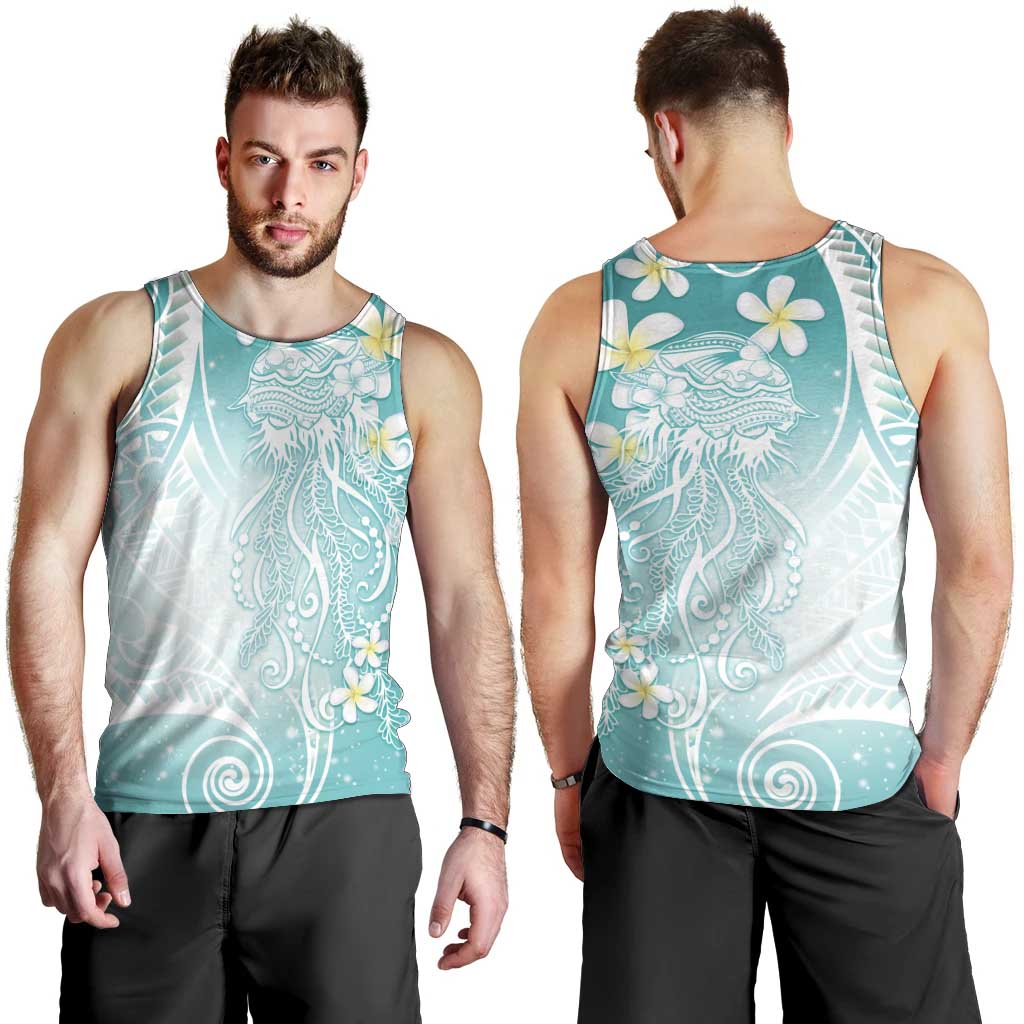 Polynesian Jellyfish Men Tank Top With Plumeria Teal