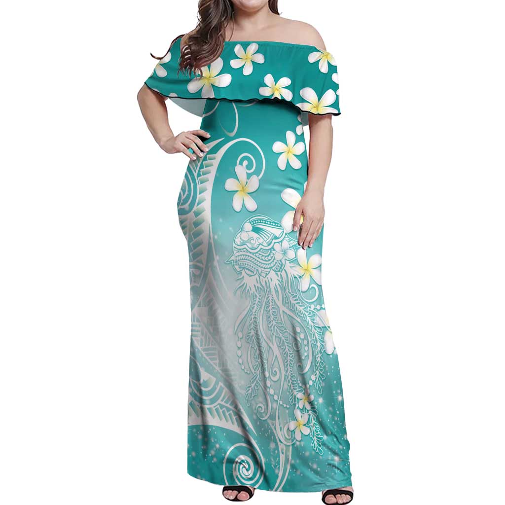 Polynesian Jellyfish Off Shoulder Maxi Dress With Plumeria Teal LT05 Women Teal - Polynesian Pride