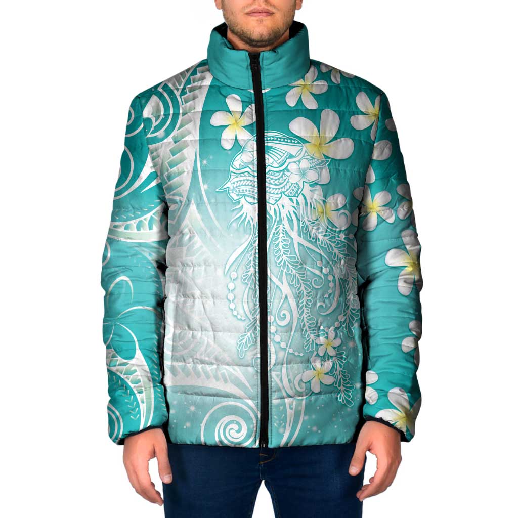 Polynesian Jellyfish Padded Jacket With Plumeria Teal