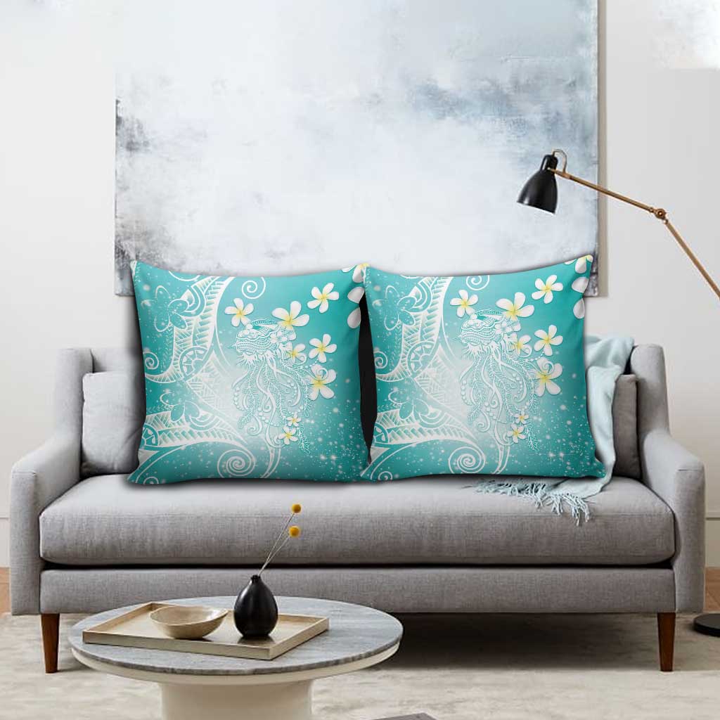 Polynesian Jellyfish Pillow Cover With Plumeria Teal