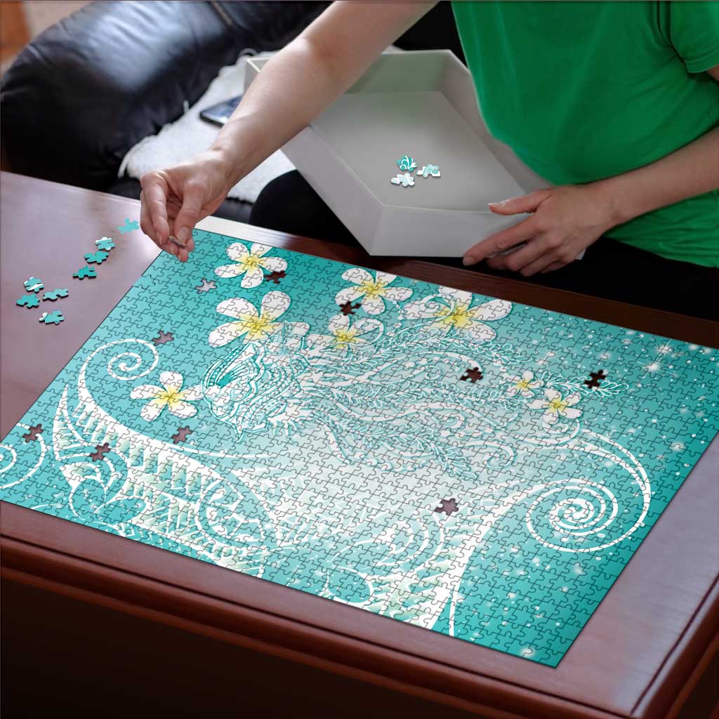 Polynesian Jellyfish Puzzle With Plumeria Teal