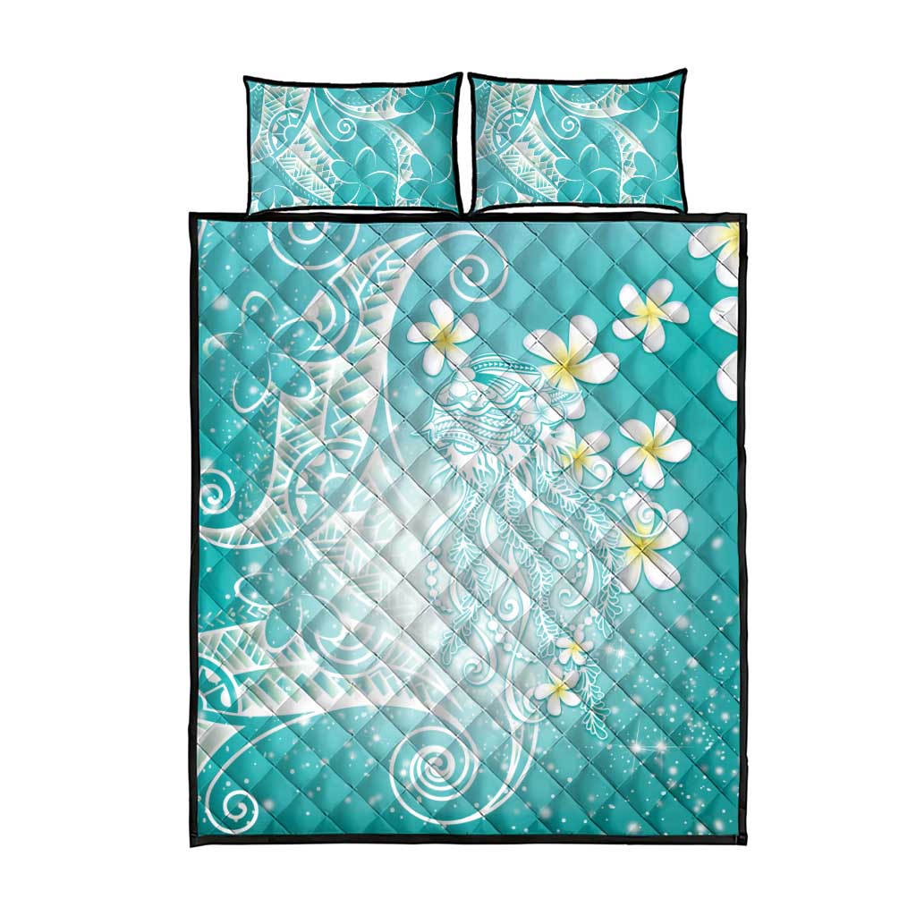 Polynesian Jellyfish Quilt Bed Set With Plumeria Teal