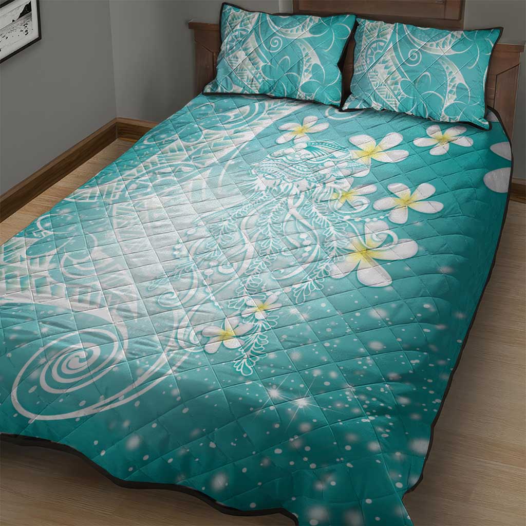 Polynesian Jellyfish Quilt Bed Set With Plumeria Teal