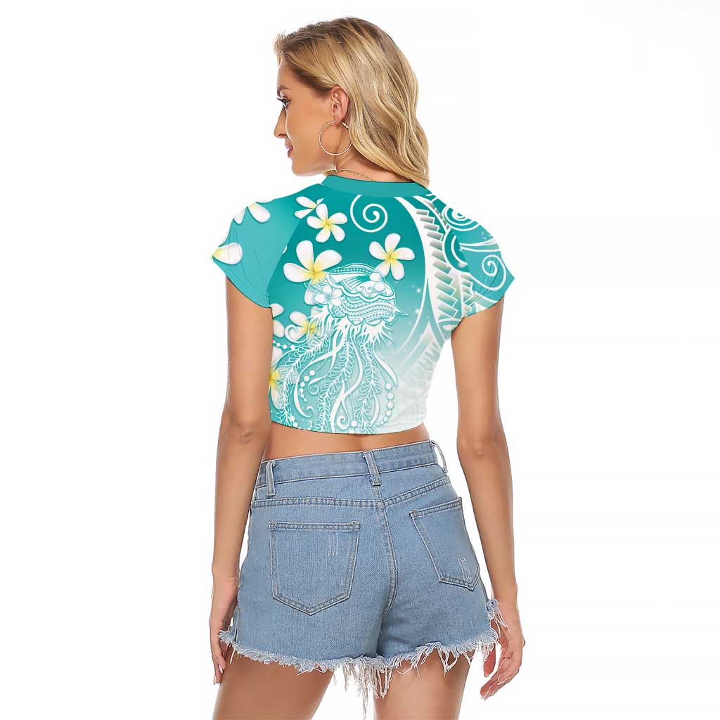 Polynesian Jellyfish Raglan Cropped T Shirt With Plumeria Teal
