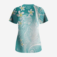Polynesian Jellyfish Scrub Top With Plumeria Teal