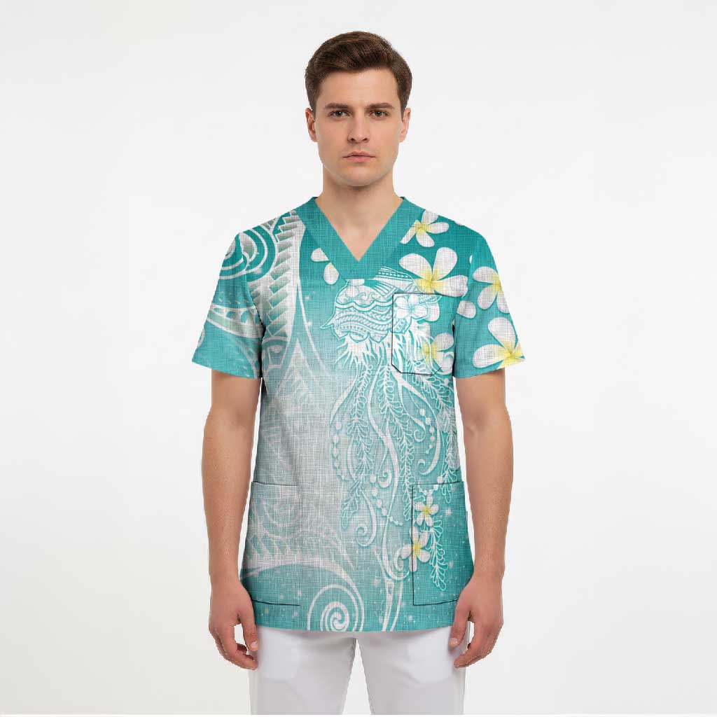 Polynesian Jellyfish Scrub Top With Plumeria Teal