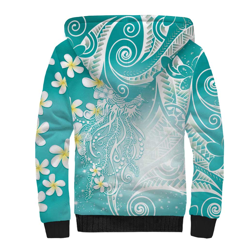 Polynesian Jellyfish Sherpa Hoodie With Plumeria Teal