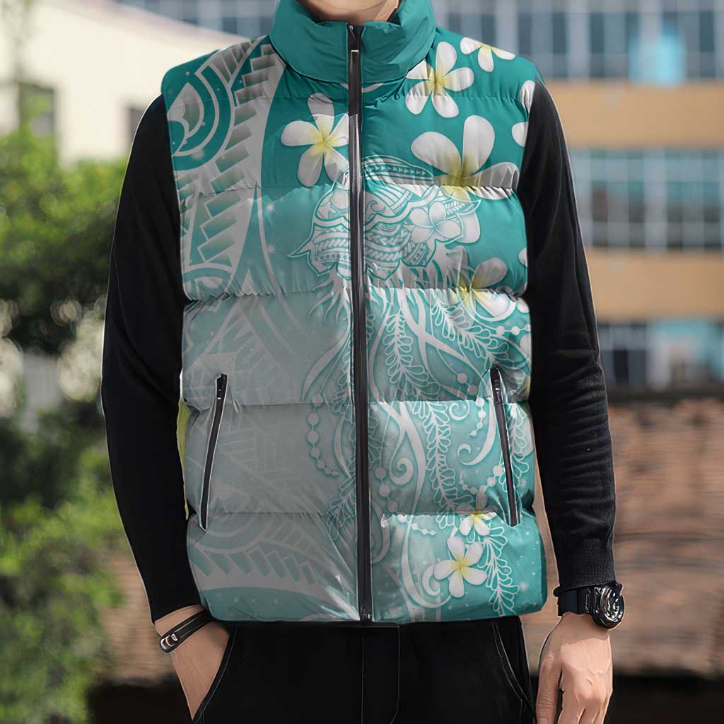 Polynesian Jellyfish Sleeveless Puffer Jacket With Plumeria Teal