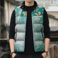 Polynesian Jellyfish Sleeveless Puffer Jacket With Plumeria Teal