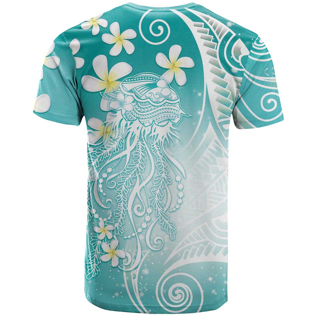 Polynesian Jellyfish T Shirt With Plumeria Teal