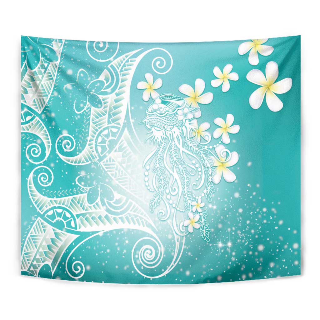 Polynesian Jellyfish Tapestry With Plumeria Teal