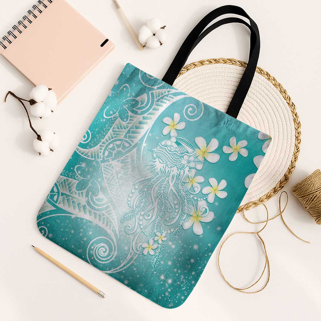 Polynesian Jellyfish Tote Bag With Plumeria Teal