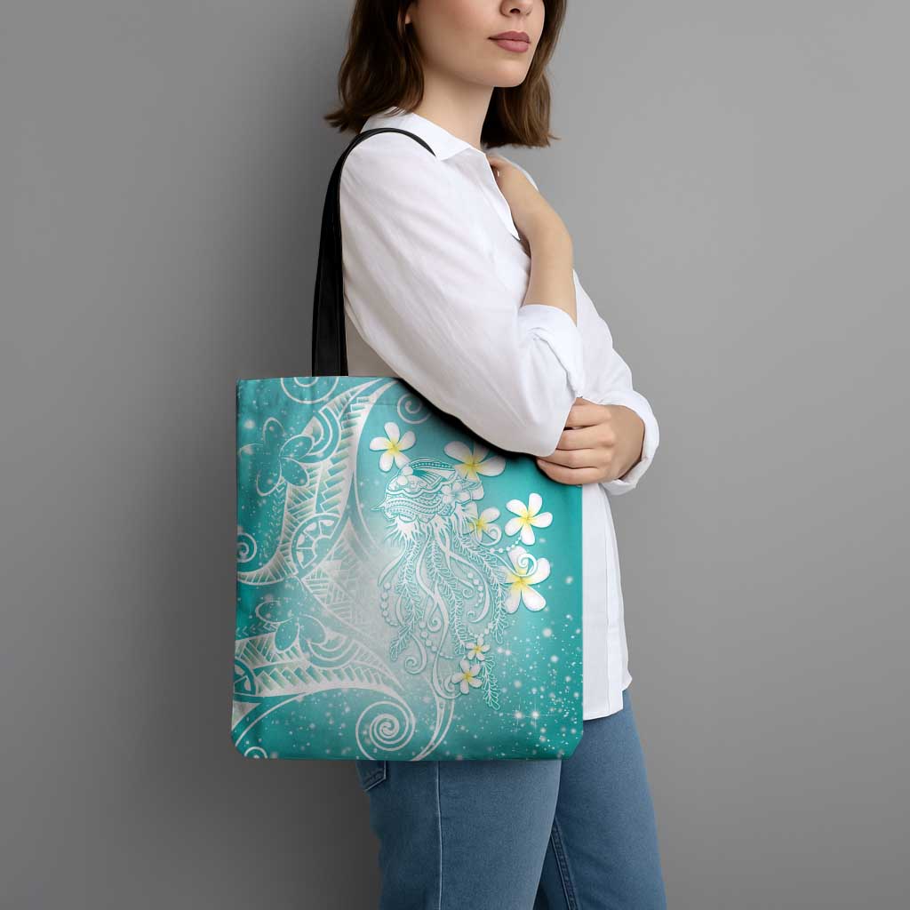 Polynesian Jellyfish Tote Bag With Plumeria Teal