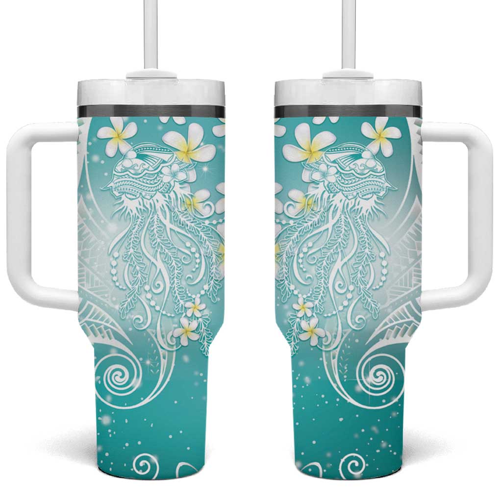 Polynesian Jellyfish Tumbler With Handle With Plumeria Teal