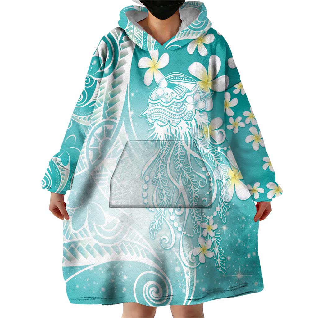 Polynesian Jellyfish Wearable Blanket Hoodie With Plumeria Teal