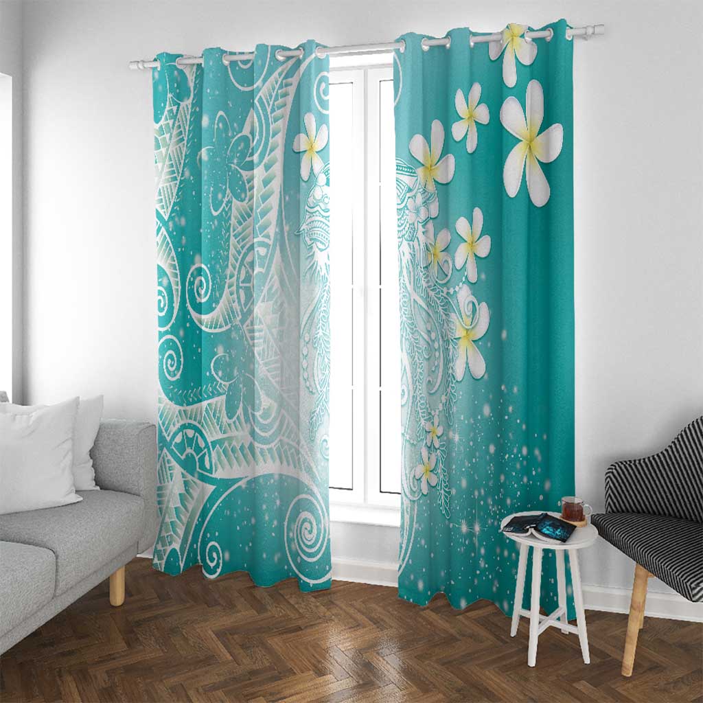 Polynesian Jellyfish Window Curtain With Plumeria Teal