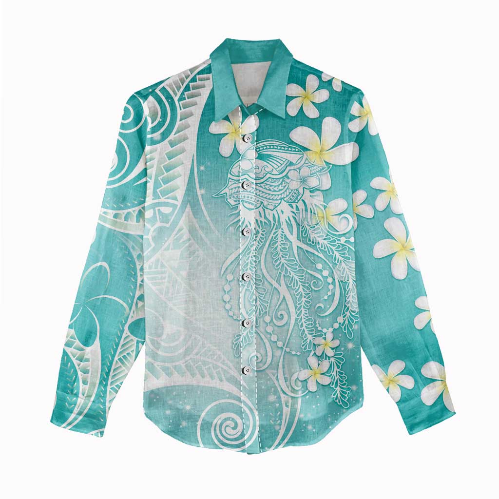 Polynesian Jellyfish Women Casual Shirt With Plumeria Teal