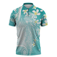 Polynesian Jellyfish Zipper Polo Shirt With Plumeria Teal