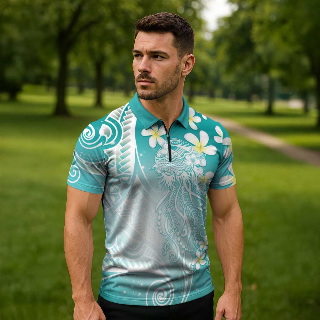 Polynesian Jellyfish Zipper Polo Shirt With Plumeria Teal