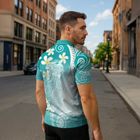 Polynesian Jellyfish Zipper Polo Shirt With Plumeria Teal
